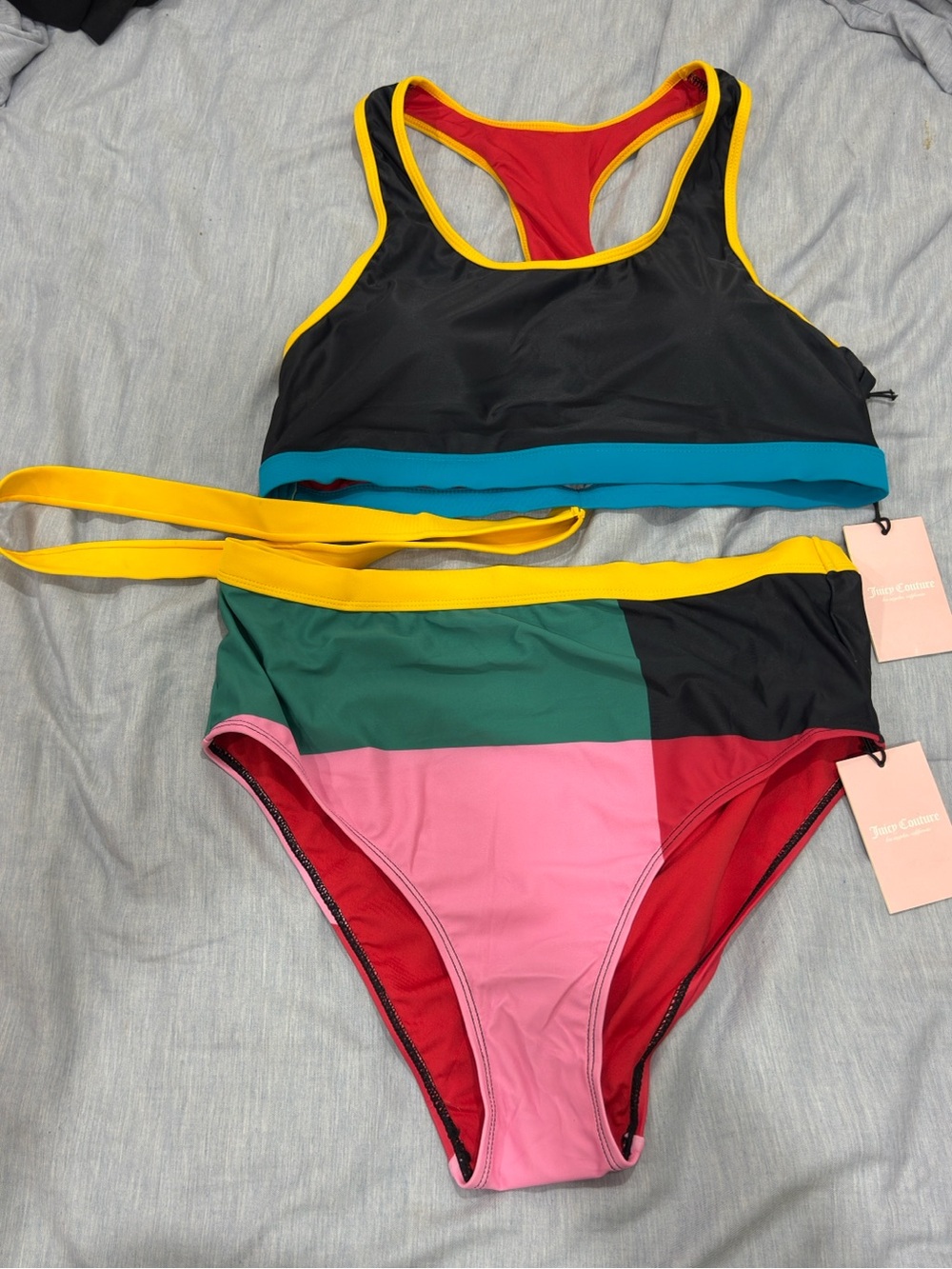 NWT Juicy Couture XL Bikini Set - Colorblock - Racerback Top/ High Waist Bottoms